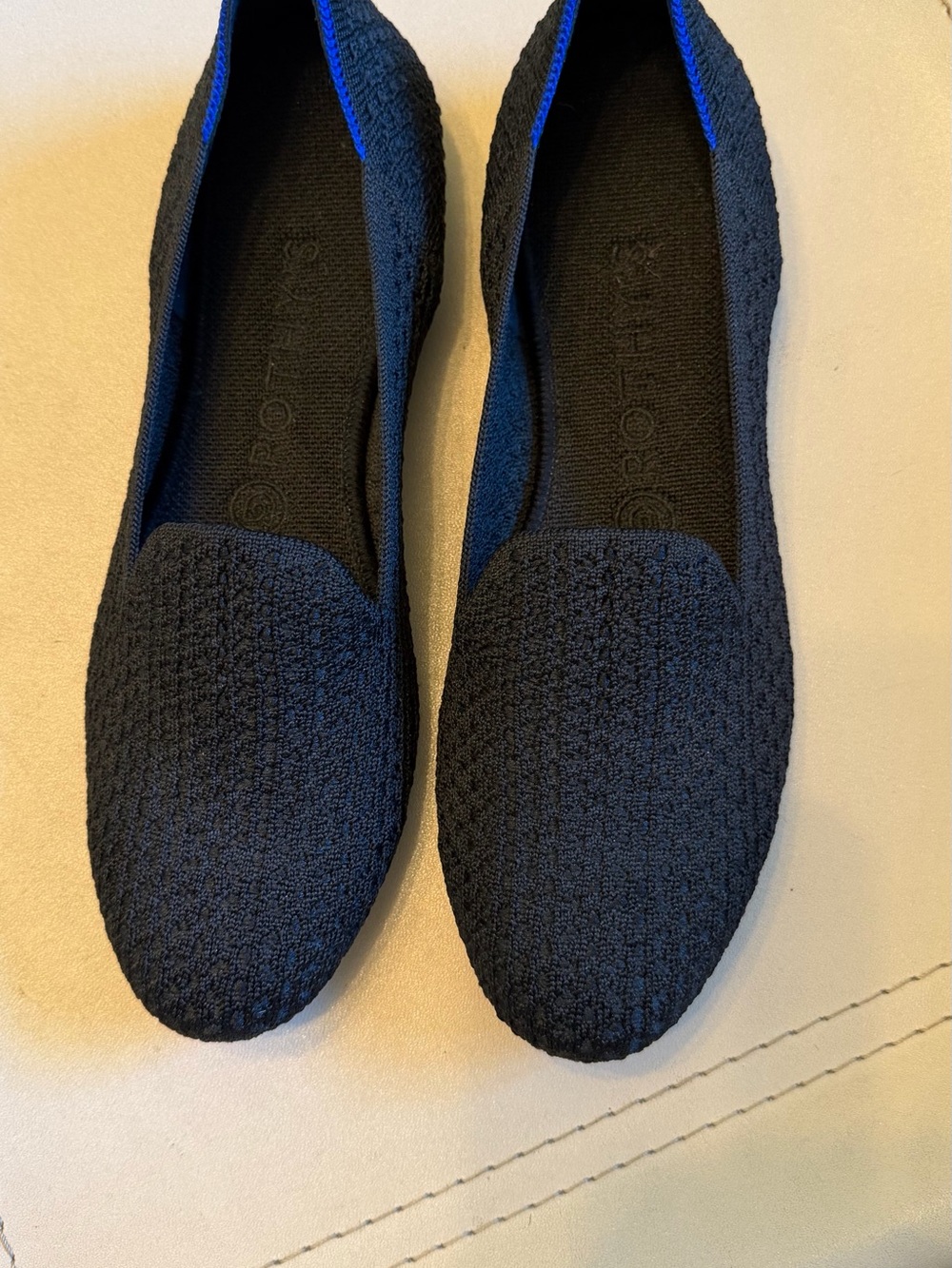 Rothy's Black Knit Slip-On Loafers with Blue Trim, like new. Never worn. 8.5